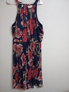 Navy Floral Halter Midi Dress with Red Blooms